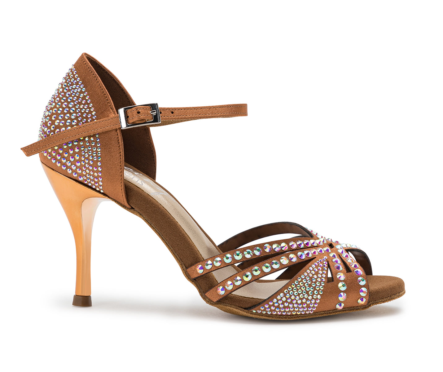 Bronzefarbene DQ L3M Tanzschuhe von Dancing Queens mit Strasssteinen und Fesselriemchen.